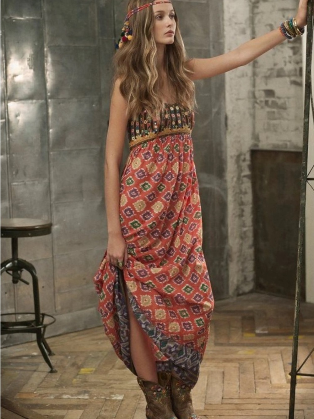 Denim & Supply Ralph Lauren Boho Embroidered Mirror Maxi Dress Ikat XL
